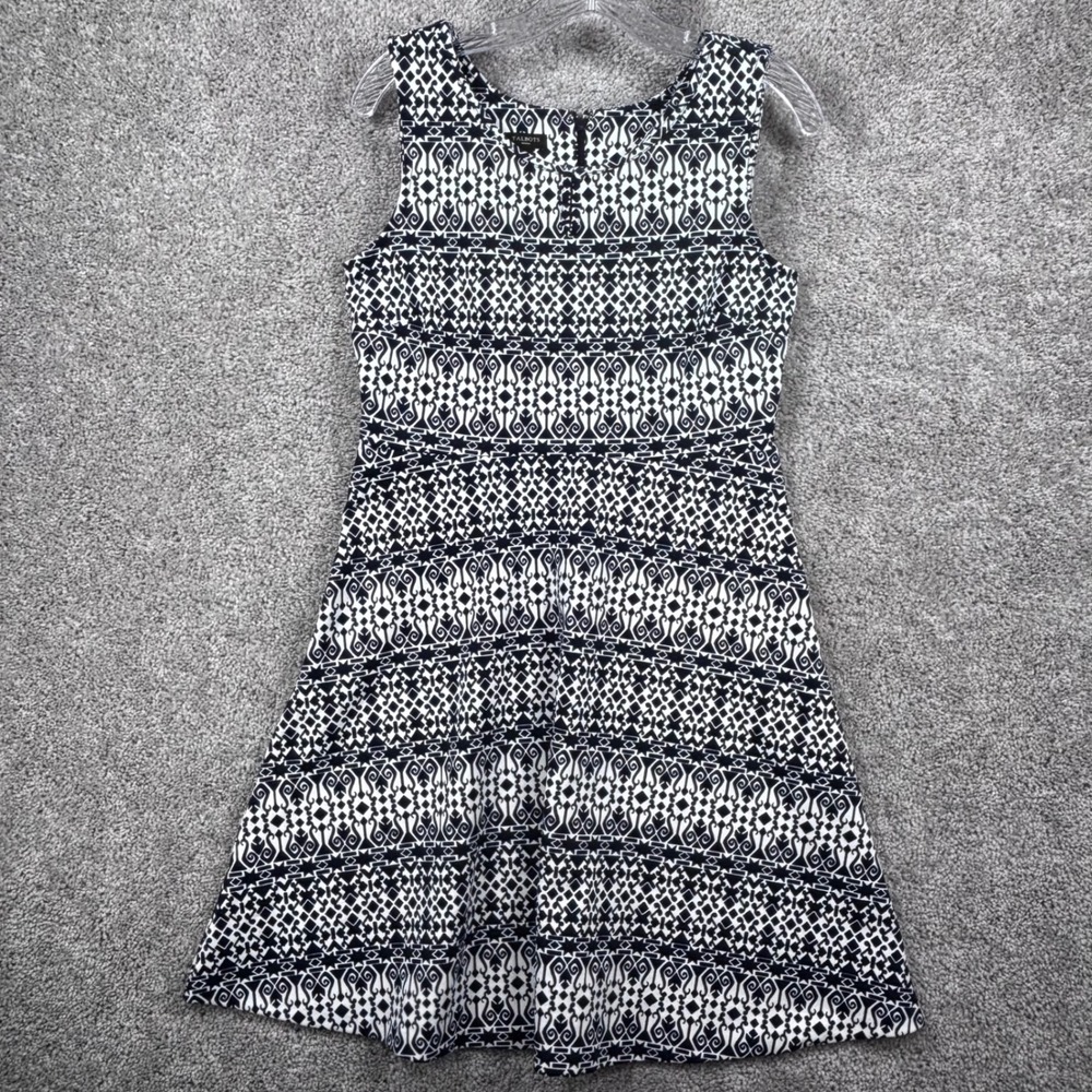 Talbots Petites Navy Blue White Geometric Sleeveless Fit Flare Dress MP Medium P